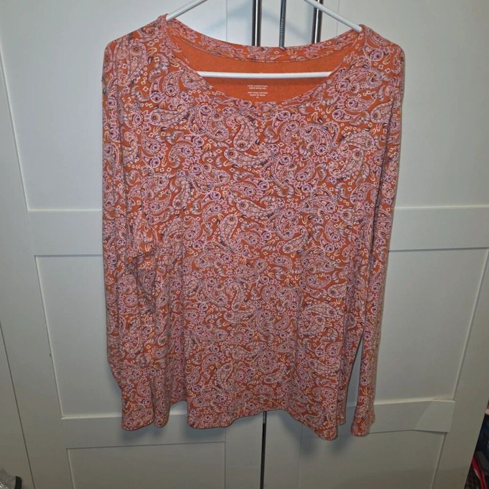 J.Jill XL Pima Cotton Long Sleeve Paisley Crew Neck Tee Orange Rust